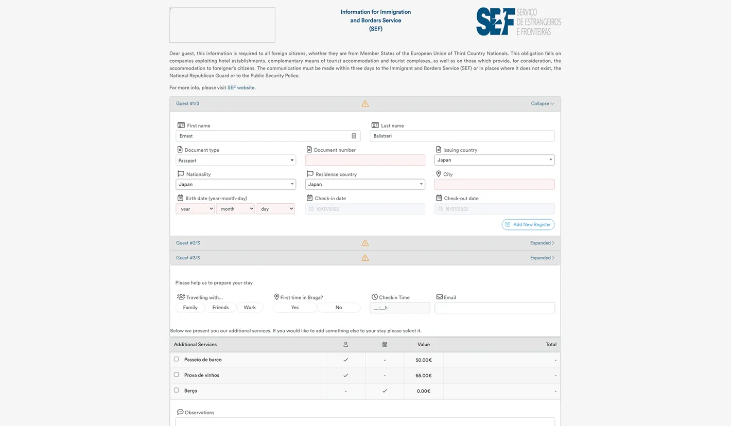Detalhe do formulário de check-in online da Ynnov